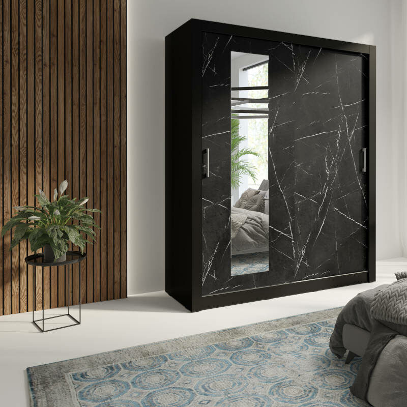 Aranżacja pojemnej szafy o szerokości 200cm w kolorze czarny mat + marmur Bianco